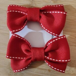 Hand Crafted Red Shoe Bows with White Stitching Shoe Clips Clip-ons
